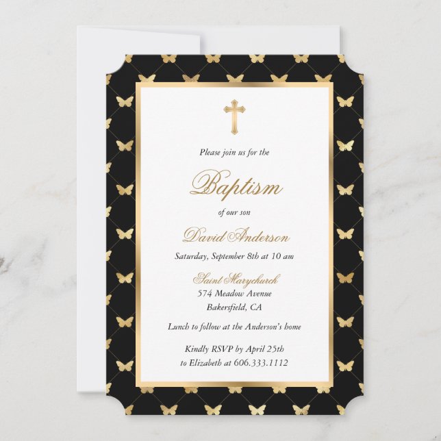 Invitation Papillon Black Gold Cross Élégant Script Baptême (Devant)