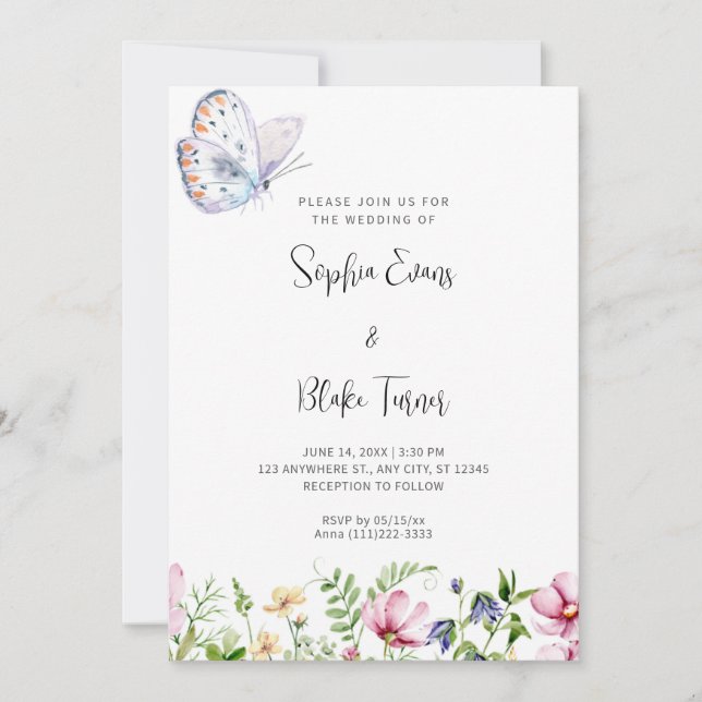 Invitation Papillon blanc et Mariage blanc Fleur sauvage (Devant)