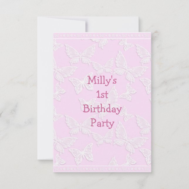 Invitation Papillon Blanc Jolie Fête d'anniversaire Rose 1ère (Devant)