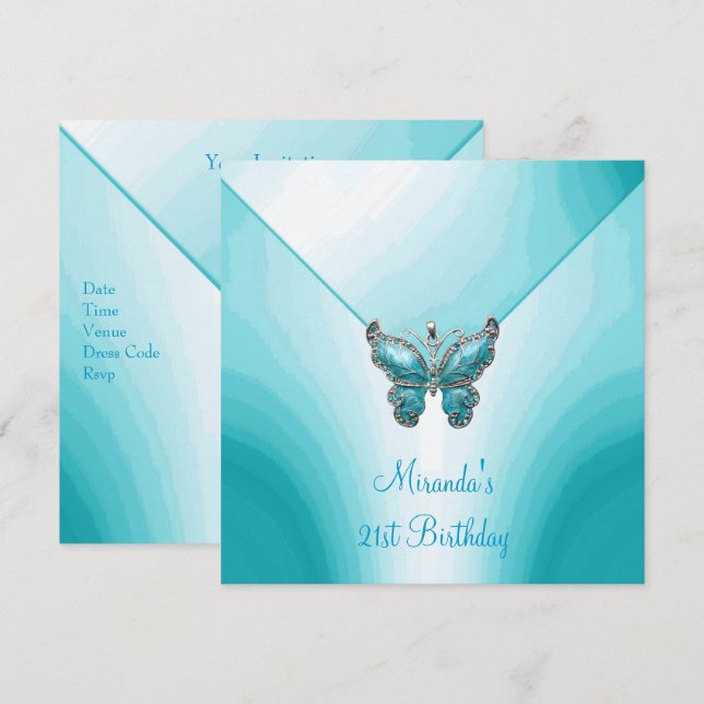 Invitation Papillon Bleu Blanc Abstrait 21e Anniversaire (Devant / Derrière)