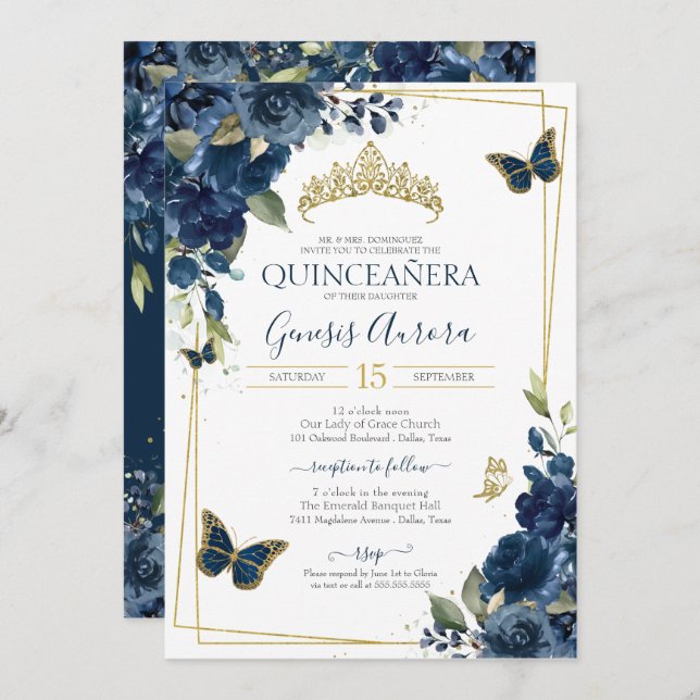 Invitation Papillon bleu floral or Quinceañera Navy (Devant / Derrière)