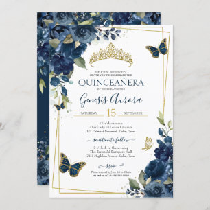 Invitation Papillon bleu floral or Quinceañera Navy