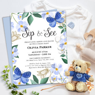 Invitation Papillon bleu Foliage Floral Bébé Garçon SIP ET VO