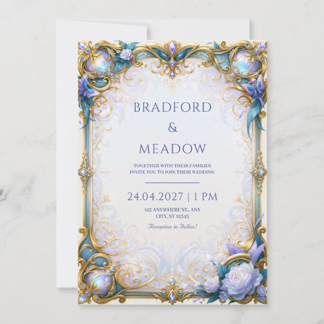 Invitation Papillon Bleu Iridescent Cadre Doré Mariage (Devant)