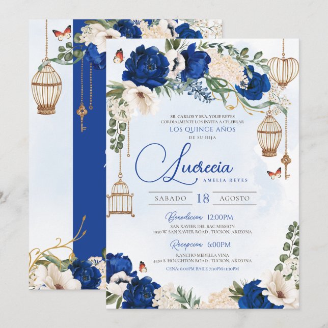 Invitation Papillon bleu or Floral Elegant Quinceañera (Devant / Derrière)