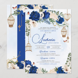 Invitation Papillon bleu or Floral Elegant Quinceañera