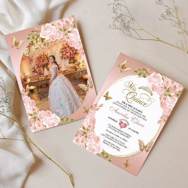 Invitation Papillon bleu rose floral Photo Quinceañera (Créateur téléchargé)