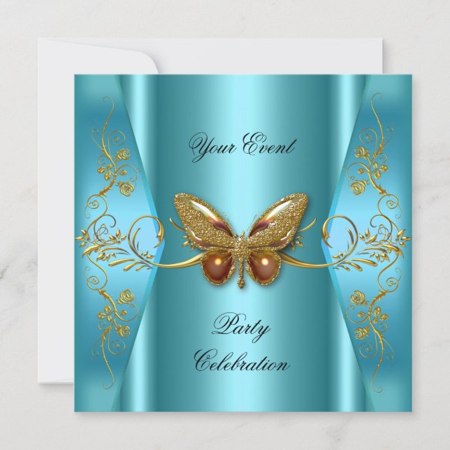 Invitation Papillon bleu sarcelle or élégant pour toute fête (Devant)