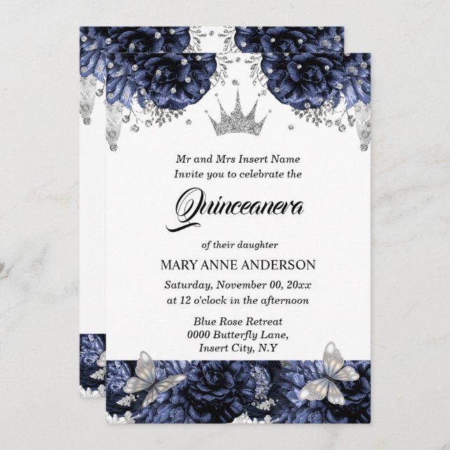 Invitation Papillon bleu tiara bleu rose quinceanera (Devant / Derrière)