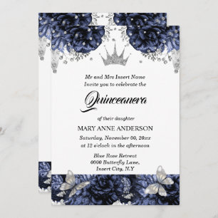 Invitation Papillon bleu tiara bleu rose quinceanera