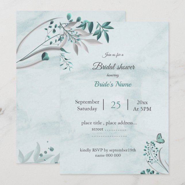 Invitation Papillon bleu turquoise feuille douche à nage fleu (Devant / Derrière)