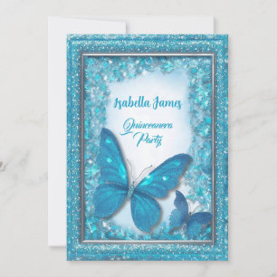 Invitation Papillon bleu turquoise Quinceanera magique chic
