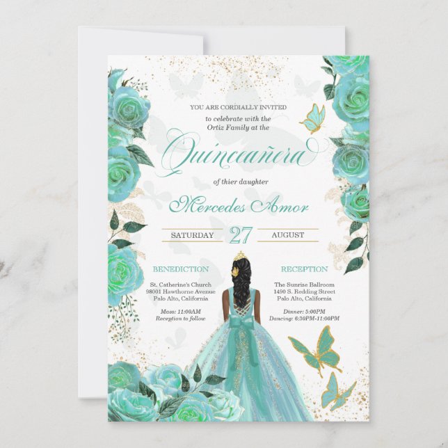 Invitation Papillon bleu turquoise Rose Quinceanera (Devant)