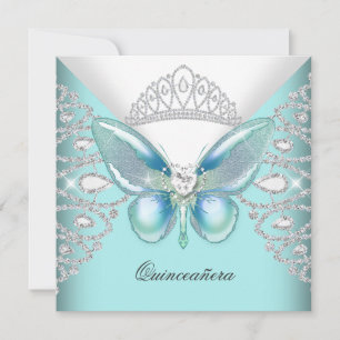 Invitation Papillon bleu turquoise Tiara Quinceanera 15ème Pa