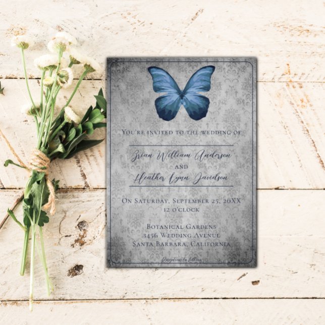 Invitation Papillon bleu Vintage Mariage damassé (Blue Vintage Butterfly Damask Wedding Invitation)