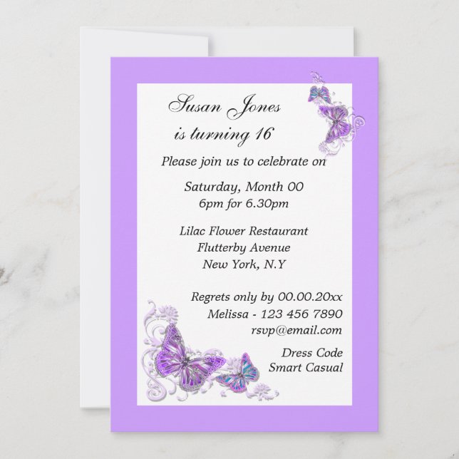 Invitation Papillon bleu violet floral PERSONNALISER (Devant)