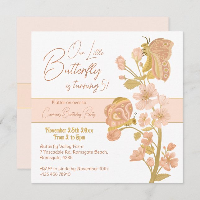 Invitation Papillon Boho Rose jolie fête d'anniversaire enfan (Devant / Derrière)