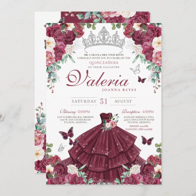 Invitation Papillon Bourgogne Rouge Argent Floral Quinceañera (Devant / Derrière)