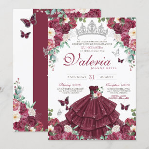 Invitation Papillon Bourgogne Rouge Argent Floral Quinceañera