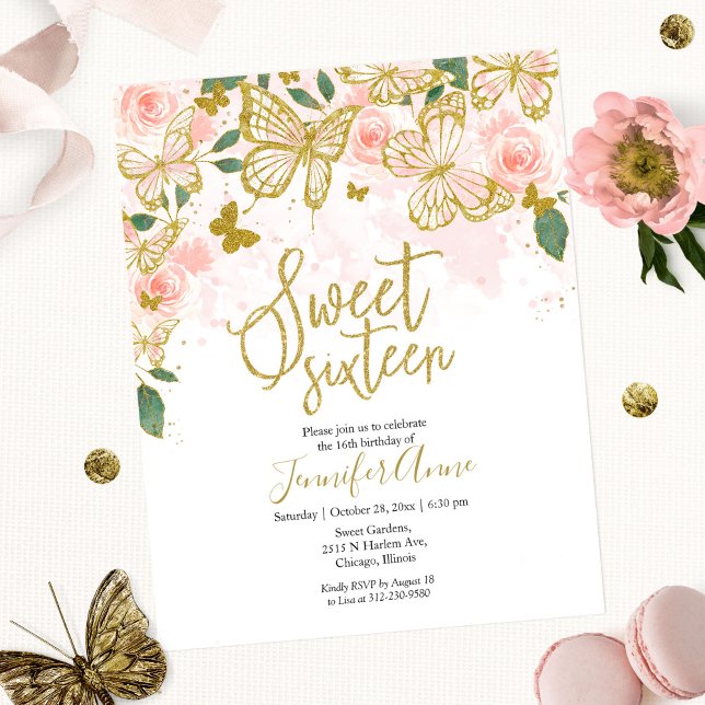 Invitation papillon Budget Sweet 16 Floral rose (Créateur téléchargé)