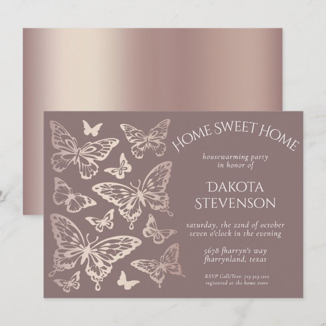 Invitation Papillon Chic Chauffage | Cuivre Rose Or (Devant / Derrière)