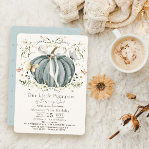 Invitation Papillon Citrouille Bleue & Fleur Sauvage 1er Anni