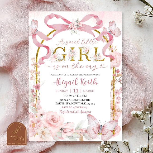 Invitation Papillon Coquette Ruban Rose Douce Petite Fille Bé (Créateur téléchargé)