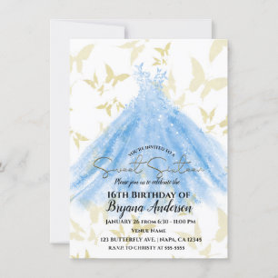 Invitation Papillon Dance Blue Dress Gold Sweet 16 Party Inv