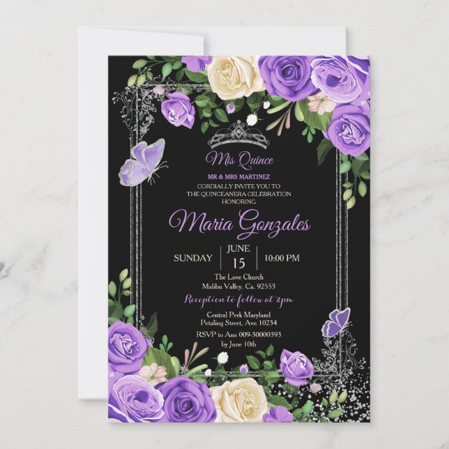 Invitation Papillon d'anniversaire Silver and Purple Mis Quin (Devant)