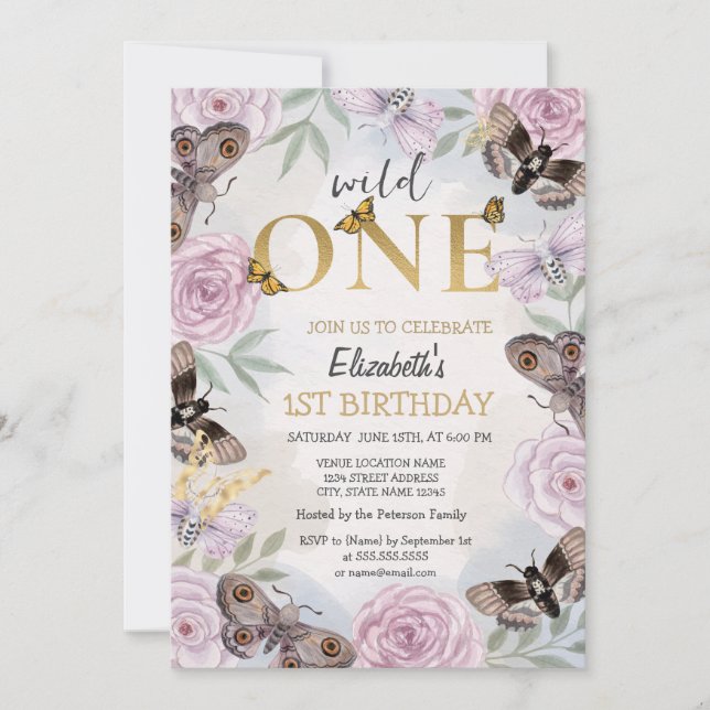 Invitation Papillon d'anniversaire Wild One Fleurs  (Devant)