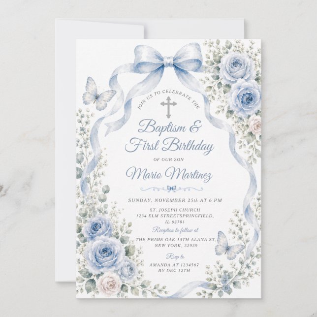 Invitation Papillon de baptême et 1er anniversaire à fleurs b (Devant)