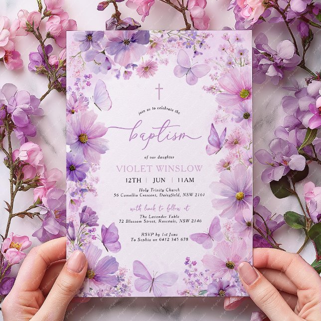Invitation Papillon de baptême violet Fleur Fille Christening (Purple Floral Butterfly Baptism Invitation with cross. )