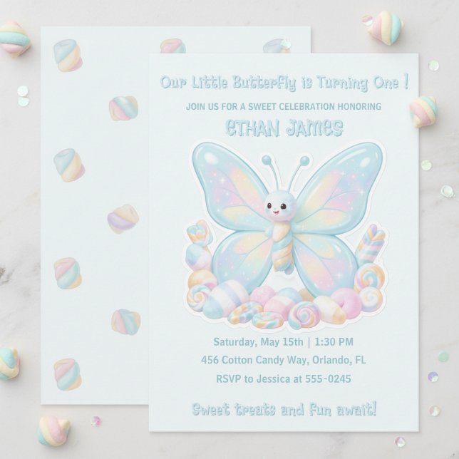 Invitation Papillon de Barbe à Papa Bleue pour l'anniversaire (Blue Cotton Candy Butterfly Kids Birthday Invitation)