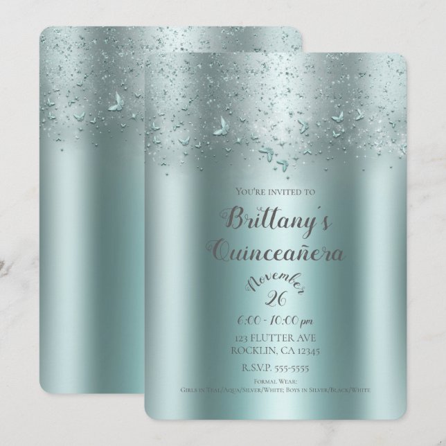 Invitation Papillon de battement Aqua Turquoise Argent Quince (Devant / Derrière)