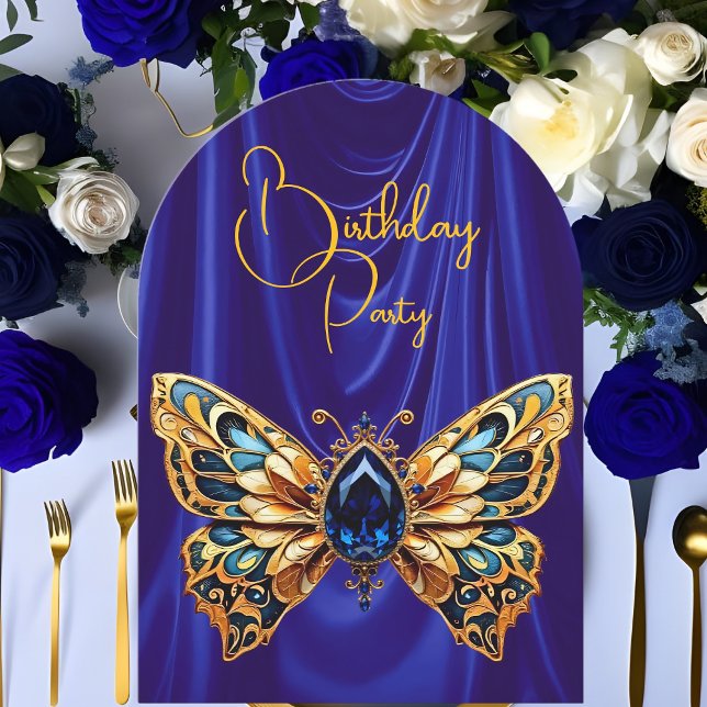 Invitation Papillon de bijou bleu or stupéfiant d'anniversair (Créateur téléchargé)
