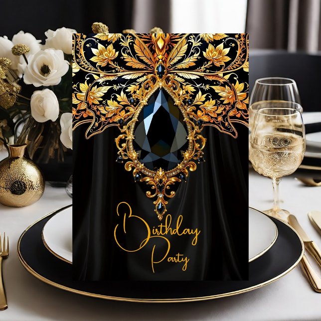 Invitation Papillon de bijou d'or noir riche d'anniversaire e (Créateur téléchargé)