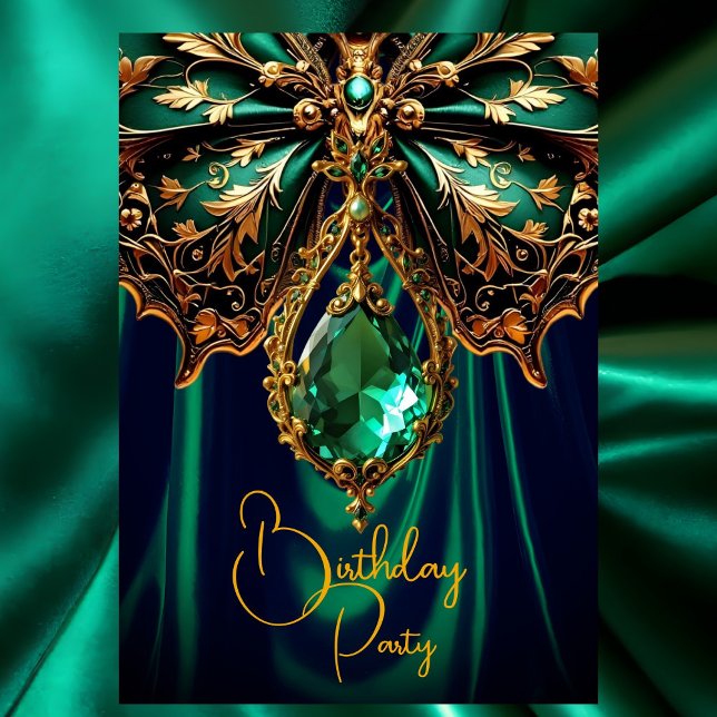 Invitation Papillon de bijou d'or vert riche d'anniversaire e (Créateur téléchargé)
