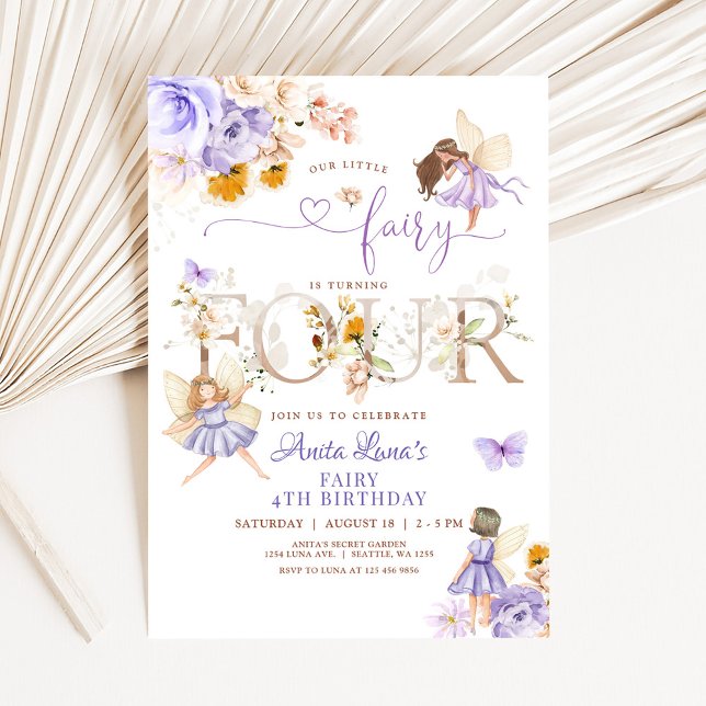 Invitation Papillon de Fée Violette Magique Florale 4ème Anni (Créateur téléchargé)