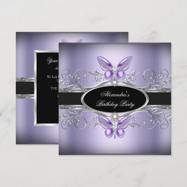 Invitation Papillon de fête d'anniversaire de bijou noir arge (Devant / Derrière)