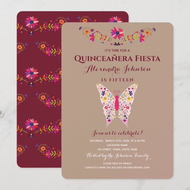 Invitation Papillon de Fête Mexicaine Quinceañera (Devant / Derrière)