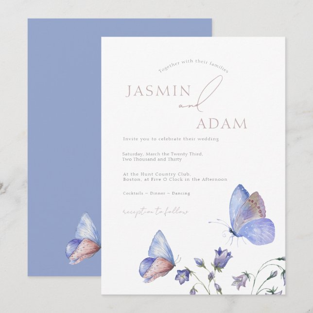 Invitation Papillon de Fleur Sauvage Monogramme Bleu Poussiér (Devant / Derrière)