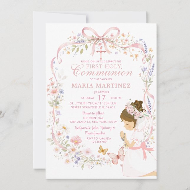 Invitation Papillon de fleur sauvage priant pour la 1ère comm (Devant)