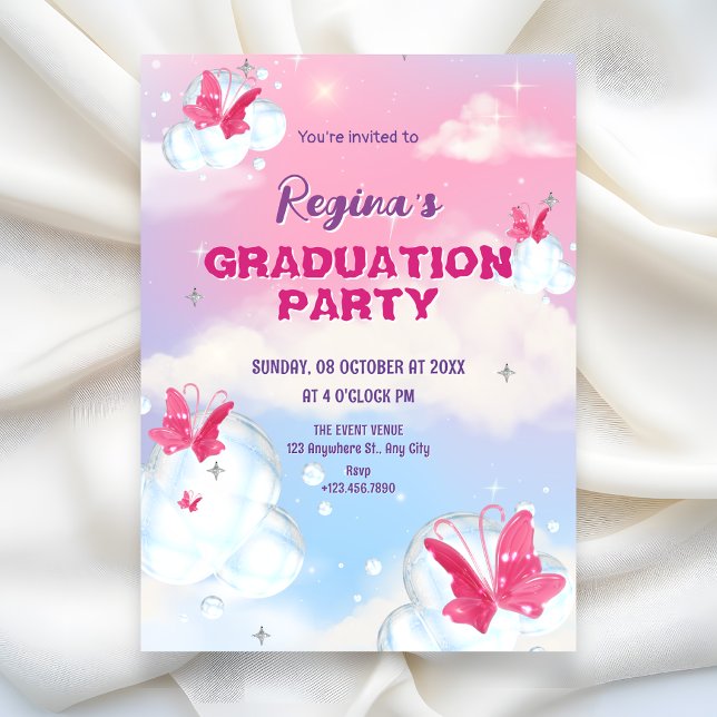 Invitation Papillon de graduation rose violet scintillant  (Créateur téléchargé)