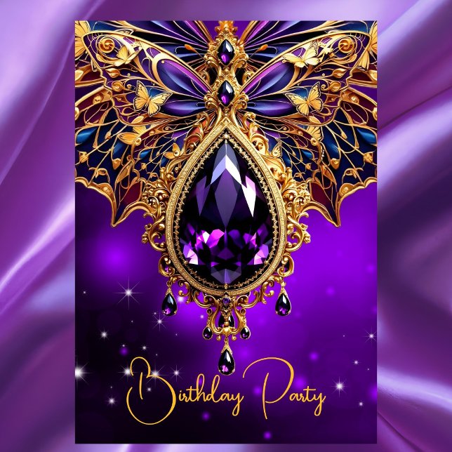 Invitation Papillon de joyau d'or bleu violet Anniversaire Ex (Créateur téléchargé)