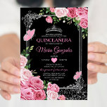 Invitation Papillon de la couronne de Quinceañera rose noir 1<br><div class="desc">Black Rose Quinceañera Argent Couronne papillon mexicain Invitation Mis Quince 15 Anos,  16e anniversaire, </div>