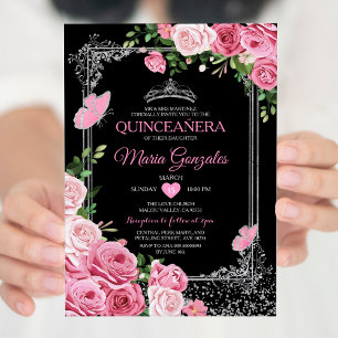 Invitation Papillon de la couronne de Quinceañera rose noir 1