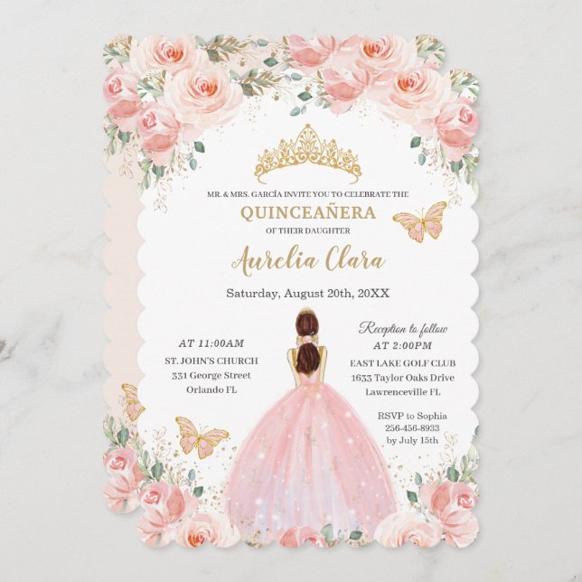 Invitation Papillon de la Couronne d'or rose pâle Quinceañera (Devant / Derrière)
