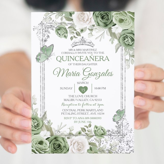 Invitation Papillon de la couronne verte Silver Quinceañera (Créateur téléchargé)