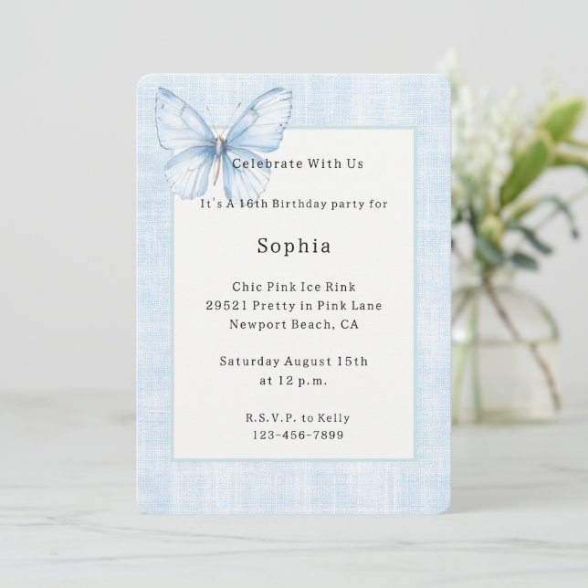 Invitation Papillon de lin bleu faux Anniversaire   (Debout devant)
