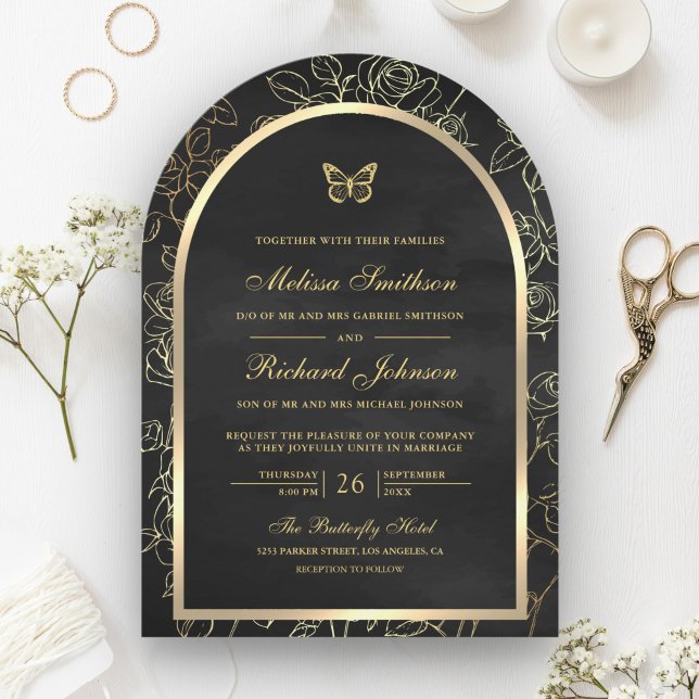 Invitation Papillon de mariage à l'arche dorée en ligne noire (Créateur téléchargé)
